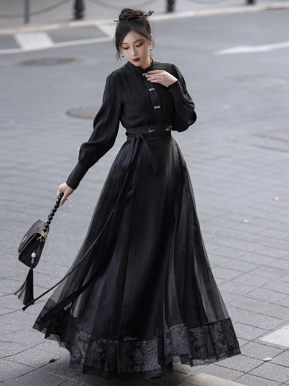 All black Ming Dynasty inspired Hanfu outfit with stand collar blouse and flowing sheer mamian skirt