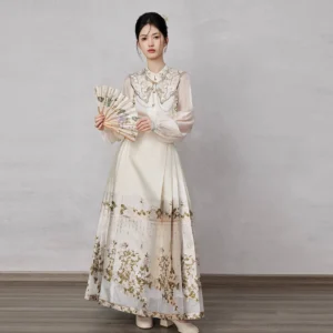 All-white modern Ming style Hanfu set with embellished cloud collar floor-length mamianqun horse face skirt and golden floral hem detail