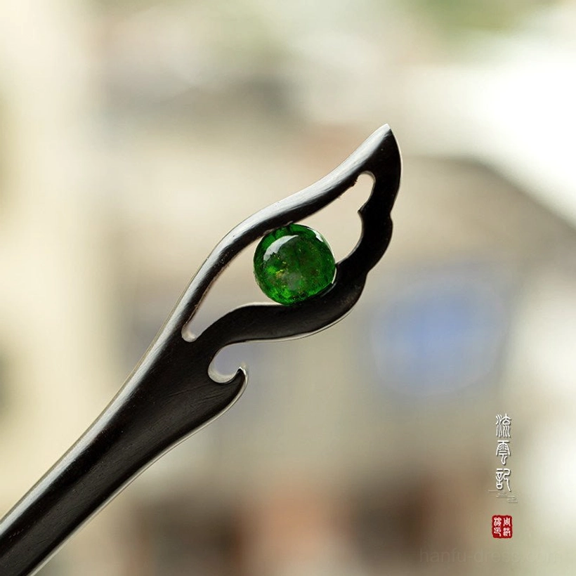 Green crackle glass ancient Chinese hair stick in black ebony wood with openwork wing design