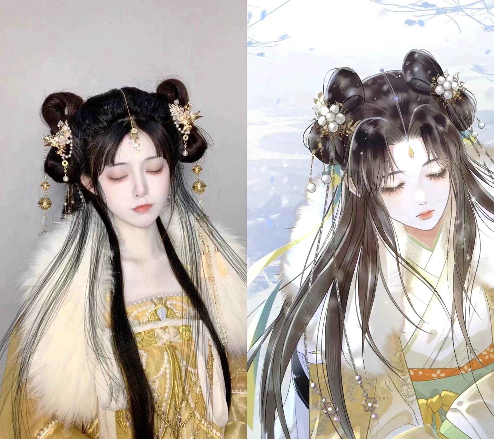 Ancient Chinese hairstyle inspiration showing pearl and gold Hanfu hair ornaments arranged on long dark hair in a classical fantasy style