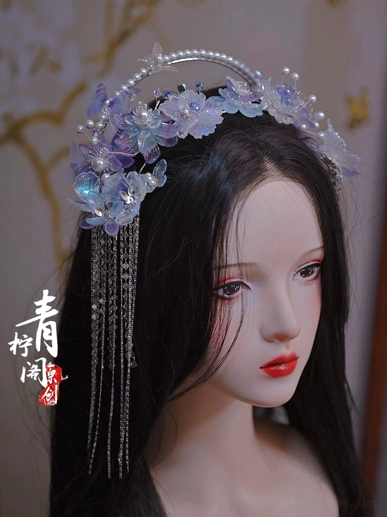 Ancient Chinese Hanfu headband hair ornament with pearl decorations blue purple glazed flowers and graceful side crystal tassels
