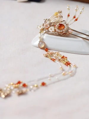 Ancient style Chinese phoenix hair stick set with gold tone frame red beads white pearl-like beads and long tassel chains