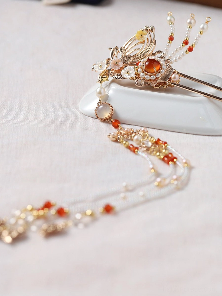 Ancient style Chinese phoenix hair stick set with gold tone frame red beads white pearl-like beads and long tassel chains