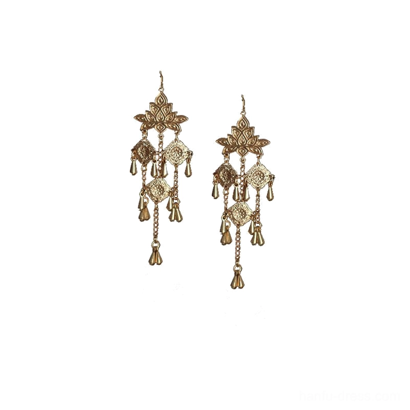 Pair of antique gold lotus tassel Chinese earrings with floral tops teardrop pendants and hanging chains on white background