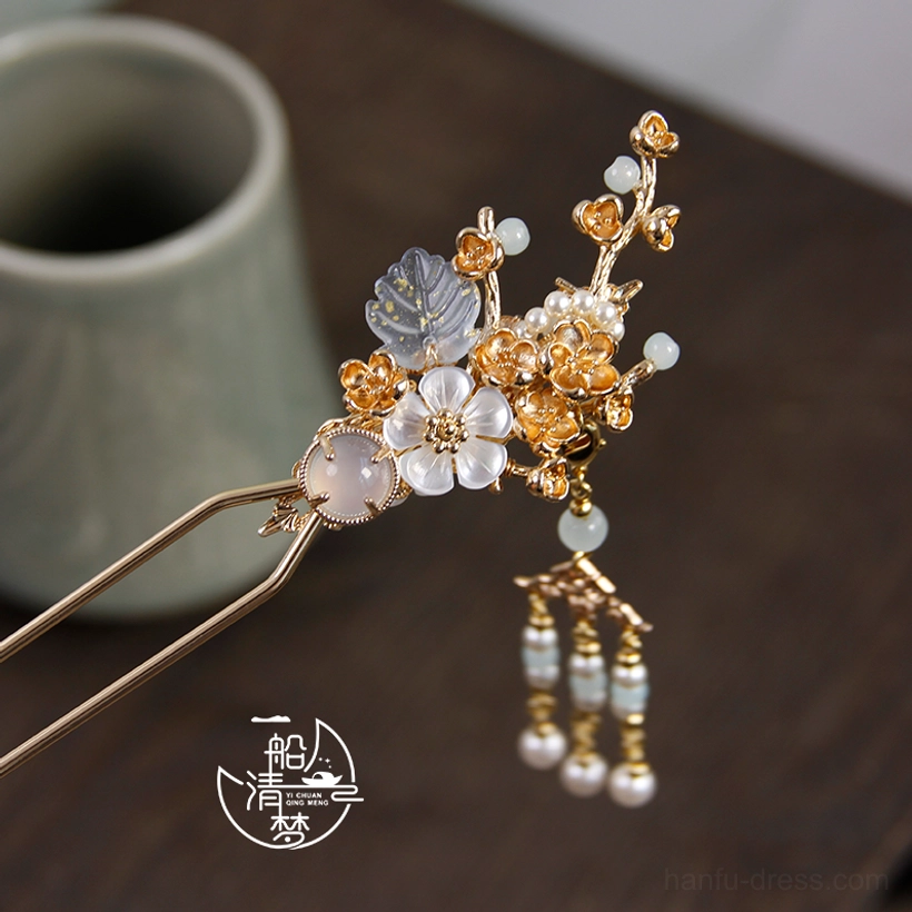 Antique-inspired plum blossom Chinese tassel hairpin with golden floral branches white blooms and glass bead tassels