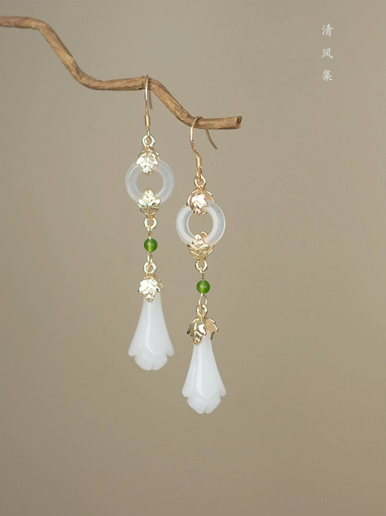 925 silver hook antique magnolia drop earrings for Hanfu with smooth white flower pendants jade-look charms and gold-toned Chinese style details