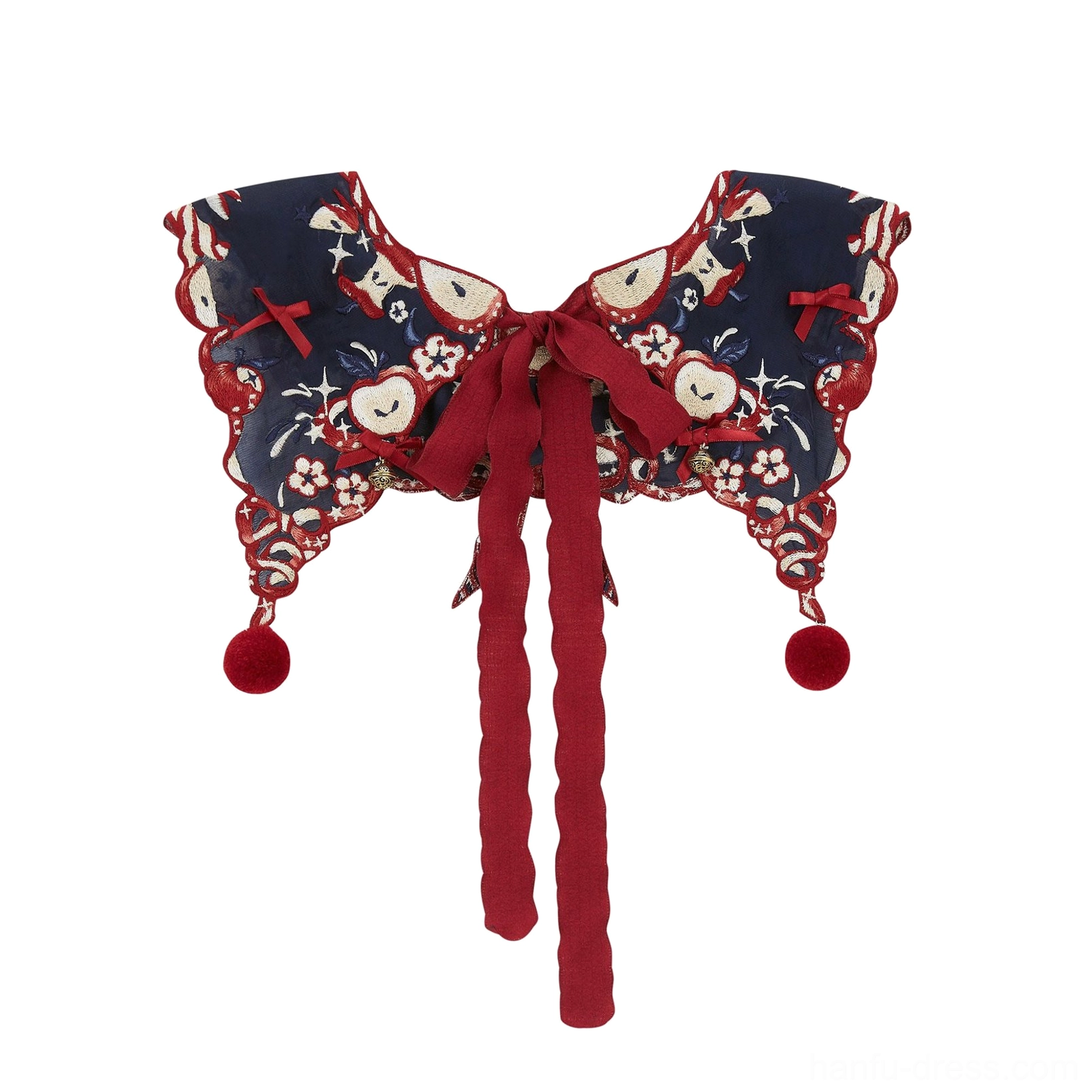 Apple and floral embroidered navy cloud collar accessory with red velvet bow and dangling pompom details for Hanfu