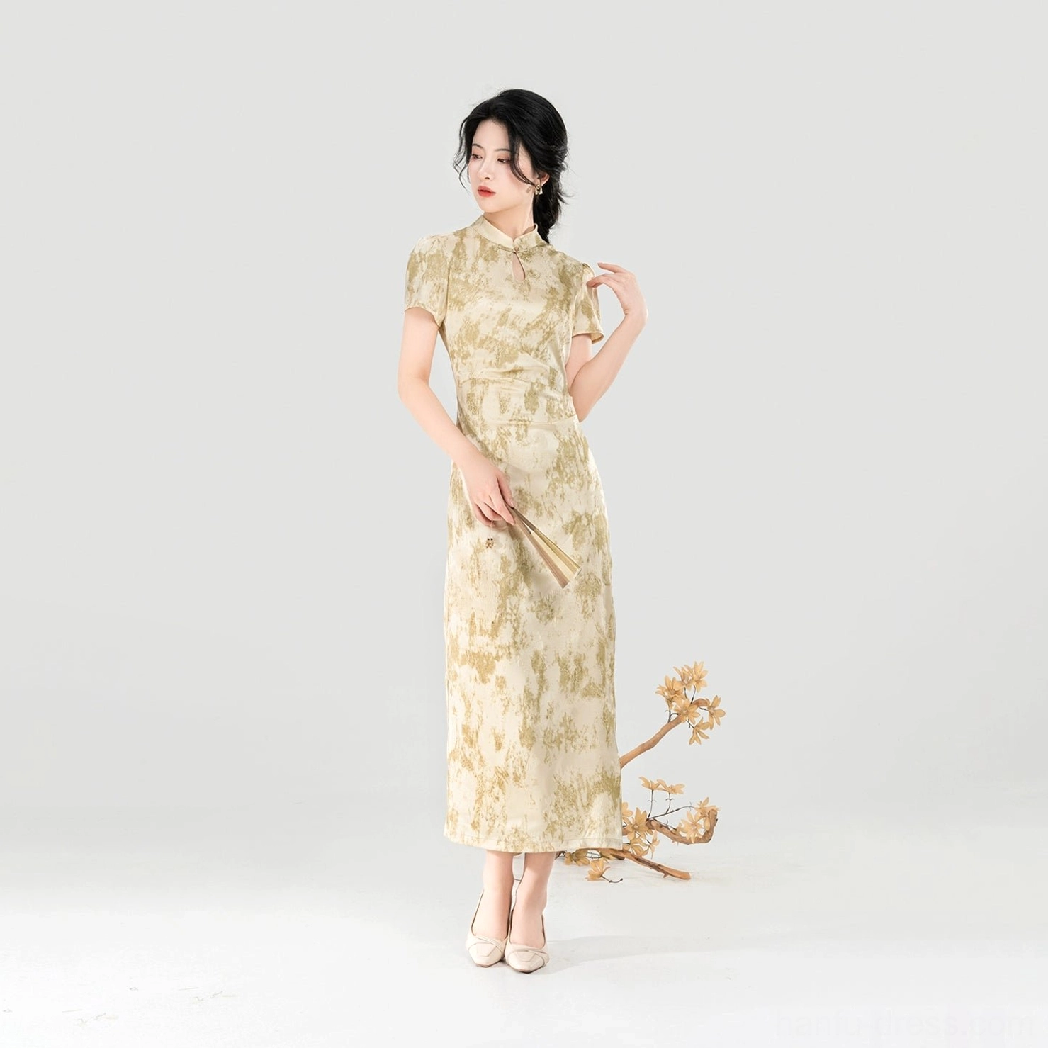 Apricot Branch modern Hanfu cheongsam dress side profile with ankle length silhouette and watercolor branch print