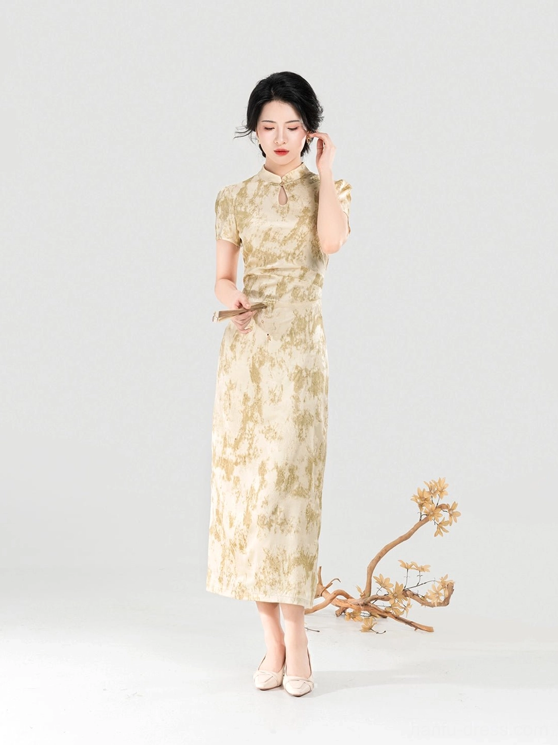 Front view of Apricot Branch modern Hanfu qipao dress with short sleeves keyhole collar and ankle length skirt
