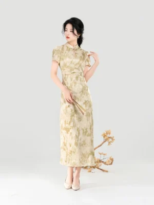Apricot Branch modern Hanfu short sleeve qipao dress side view with ink wash print and mandarin collar