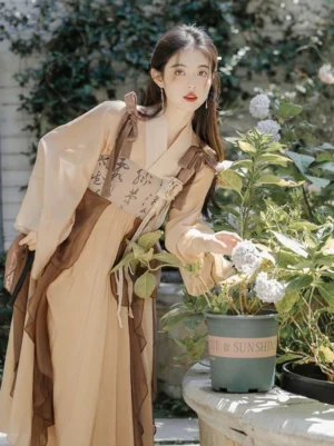 Modern Tang style Hanfu dress set in apricot and brown with cross-collar sheer sleeves, layered skirt and floral accent