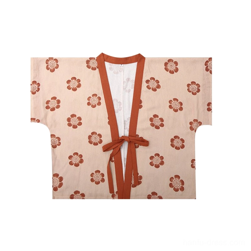 Apricot cotton beizi vest for modern Tang Dynasty hanfu with reddish-brown floral print, V-neck trim, and front ties