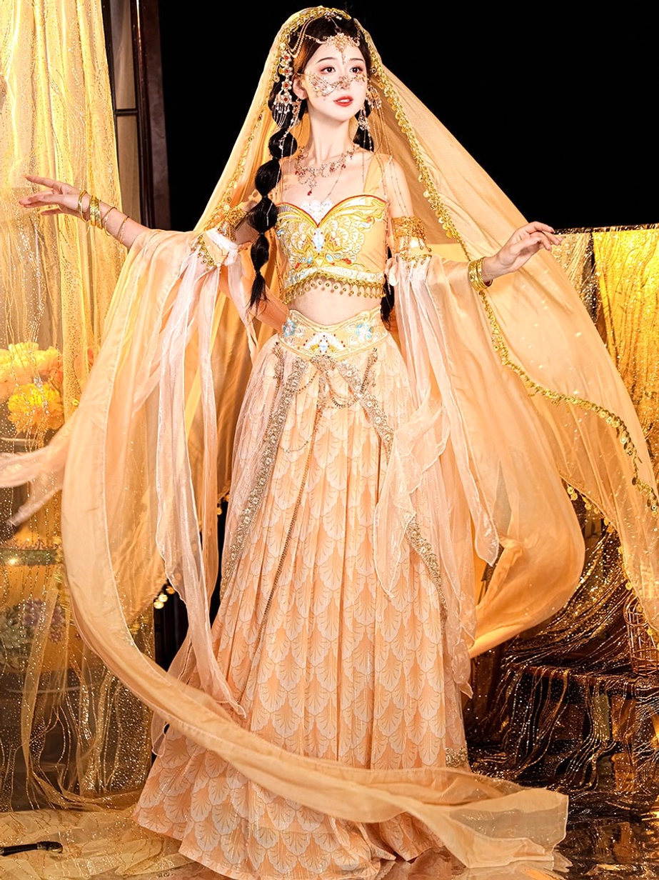 Front view of an apricot peach Dunhuang Feitian Tang Dynasty Hanfu costume with gold embroidery, long flowing skirt, veil, and sleeves