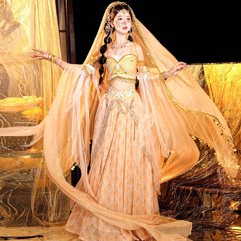 Side view of an apricot gold Dunhuang Feitian Tang Dynasty Hanfu costume with braided hairstyle, face jewelry, flowing chiffon veil, and patterned fabric