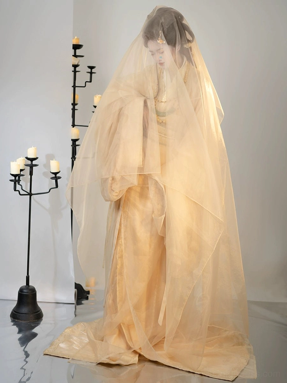 Back three-quarter view of apricot Han Dynasty Hanfu straight-hem robe complete set with sheer outer robe and full-length train