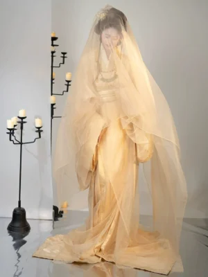 Sheer apricot Han Dynasty Hanfu straight-hem robe with cross-collar layers, long train, waist belt, and veil-like outer robe styling
