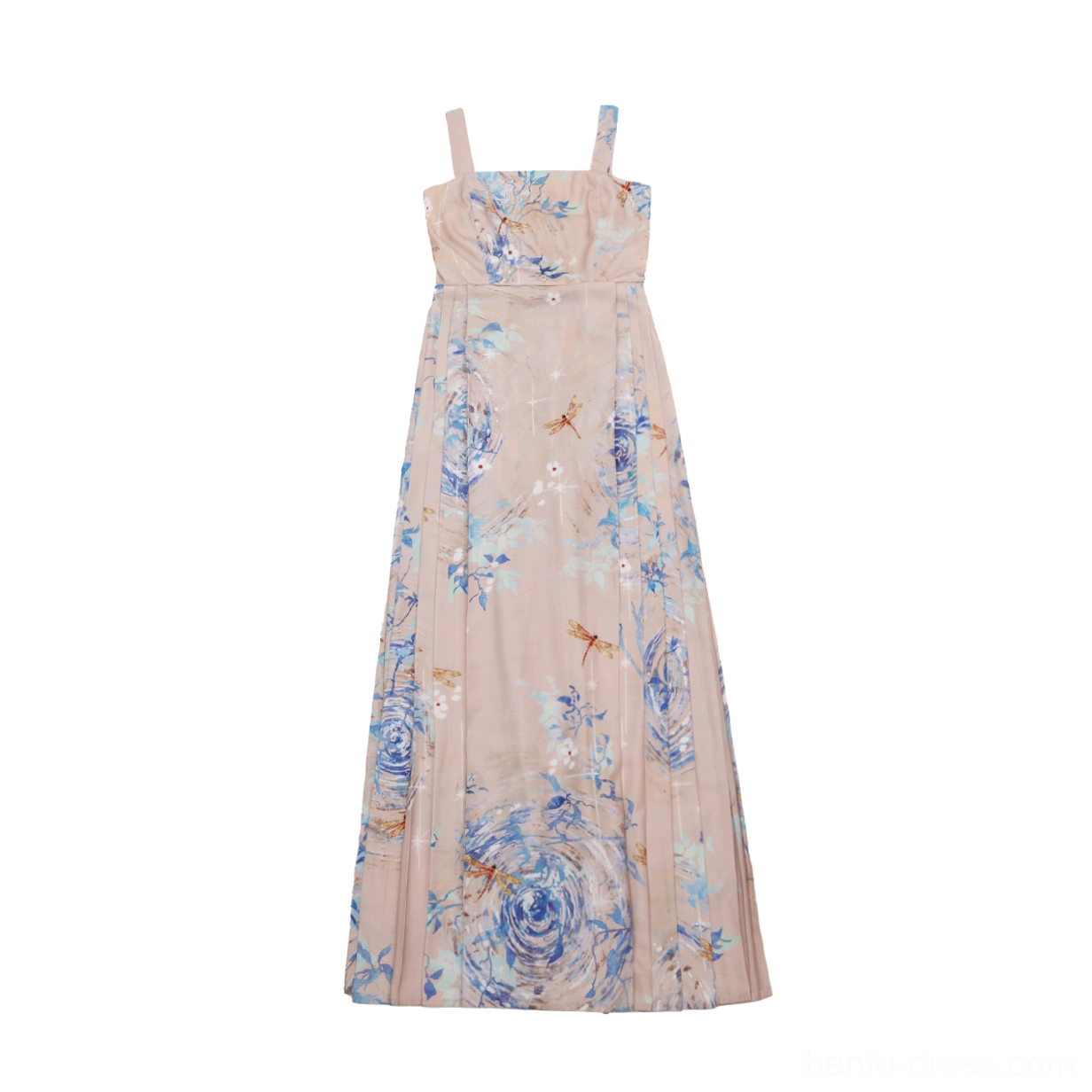 Flat lay of an apricot Mamian-inspired Hanfu slip dress with blue floral and dragonfly print, spaghetti straps, and pleated skirt structure