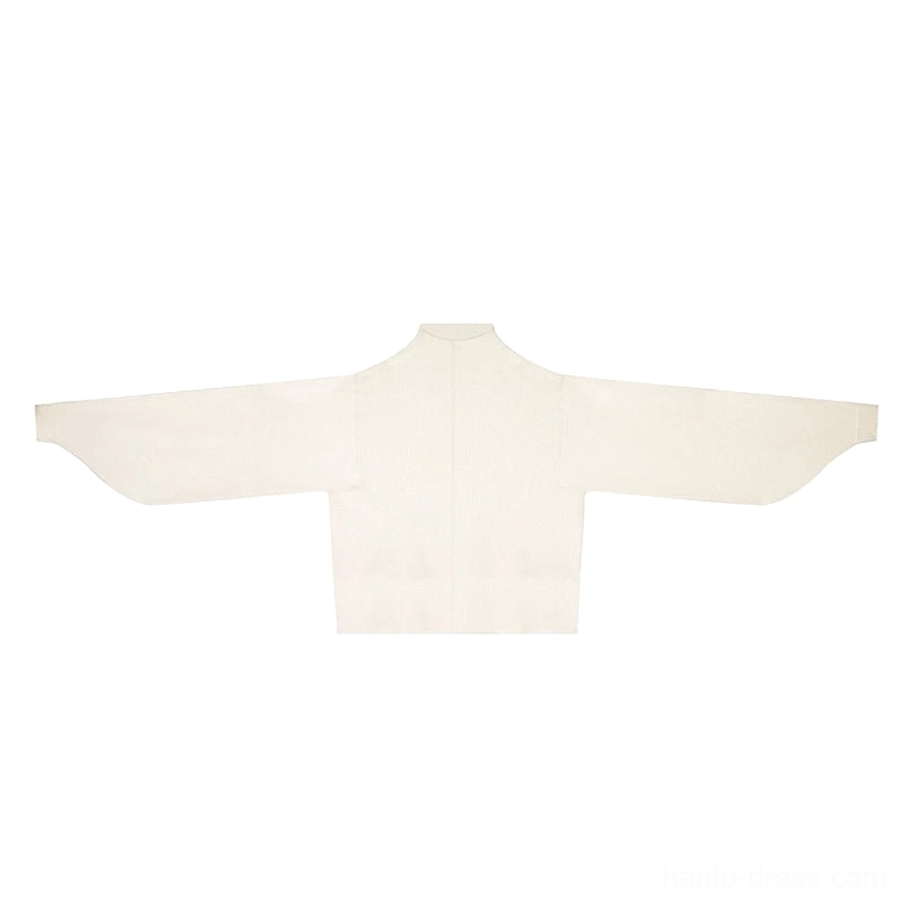 Apricot off white Hanfu style cropped knit sweater with stand collar and wide traditional sleeves flat lay