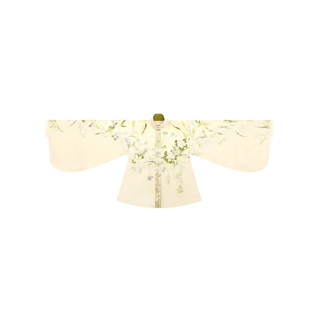 Flat lay of an apricot satin Chinese Hanfu pipa sleeve top with delicate green and white floral embroidery on the front yoke