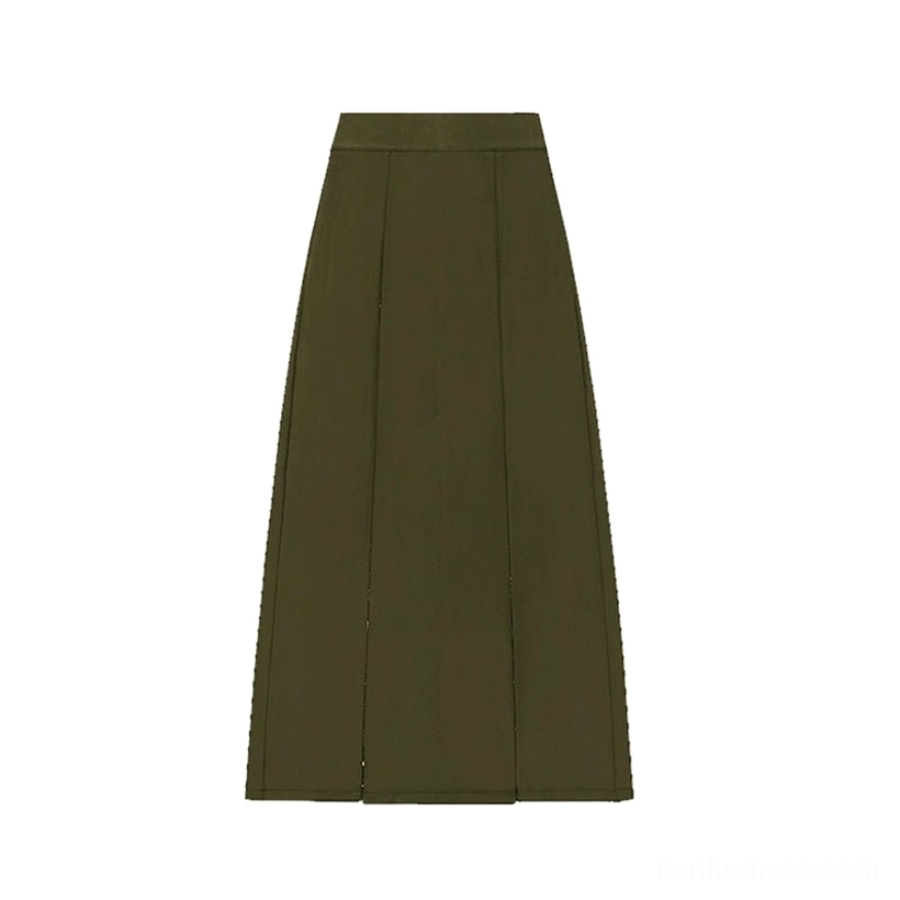 Flat lay of an army green high-waisted Hanfu pleated skirt with wide-leg silhouette, side slit, and shiny jacquard satin texture