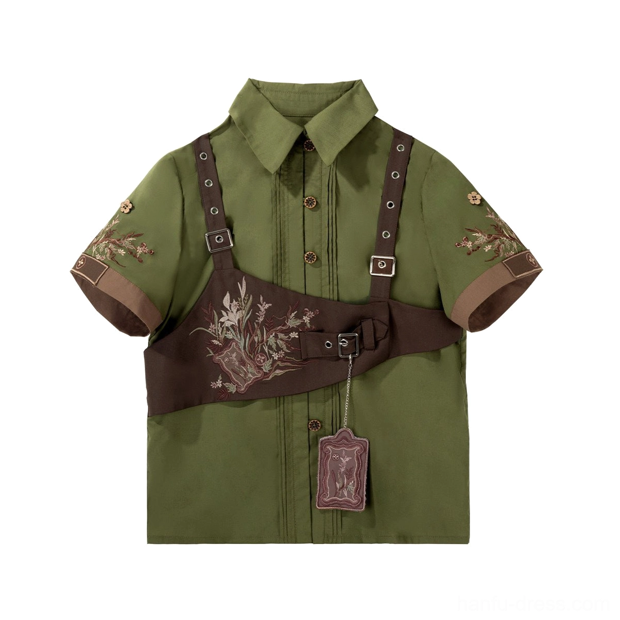 Flat lay of an army green modern Chinese hanfu shirt with brown suspender-style details, botanical embroidery, and contrasting sleeve trim