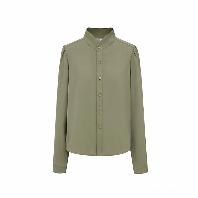 Flat lay of an army green long-sleeve modern Hanfu top with stand collar, tailored shoulder seams, and round golden decorative buttons