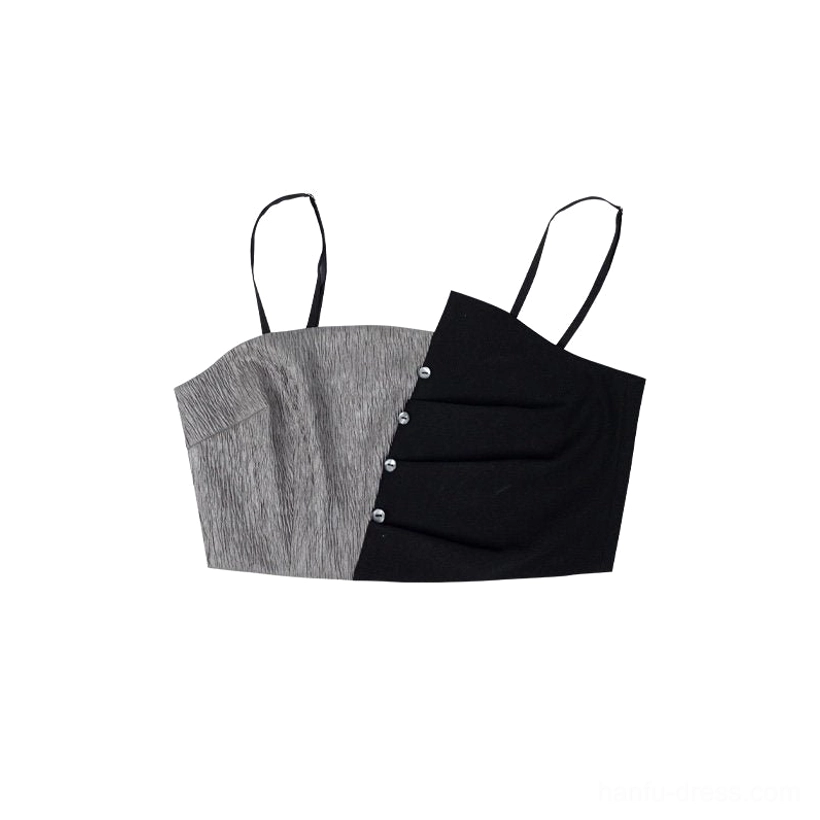 Asymmetric grey and black Chinese style camisole bustier waistcoat with spaghetti straps and decorative metal buttons