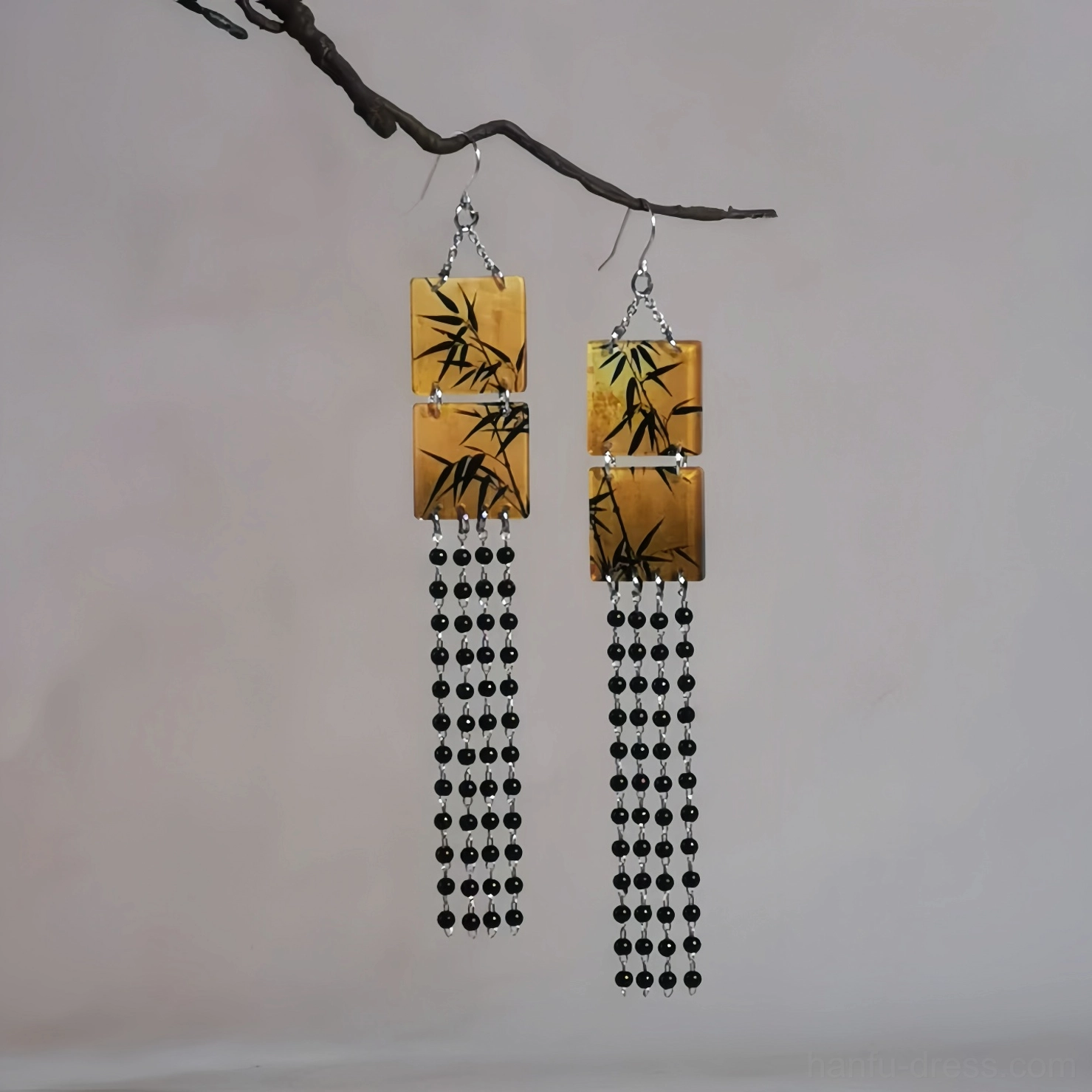Asymmetrical bamboo tassel Hanfu earrings with tan ink bamboo square pendants and 925 silver hook option