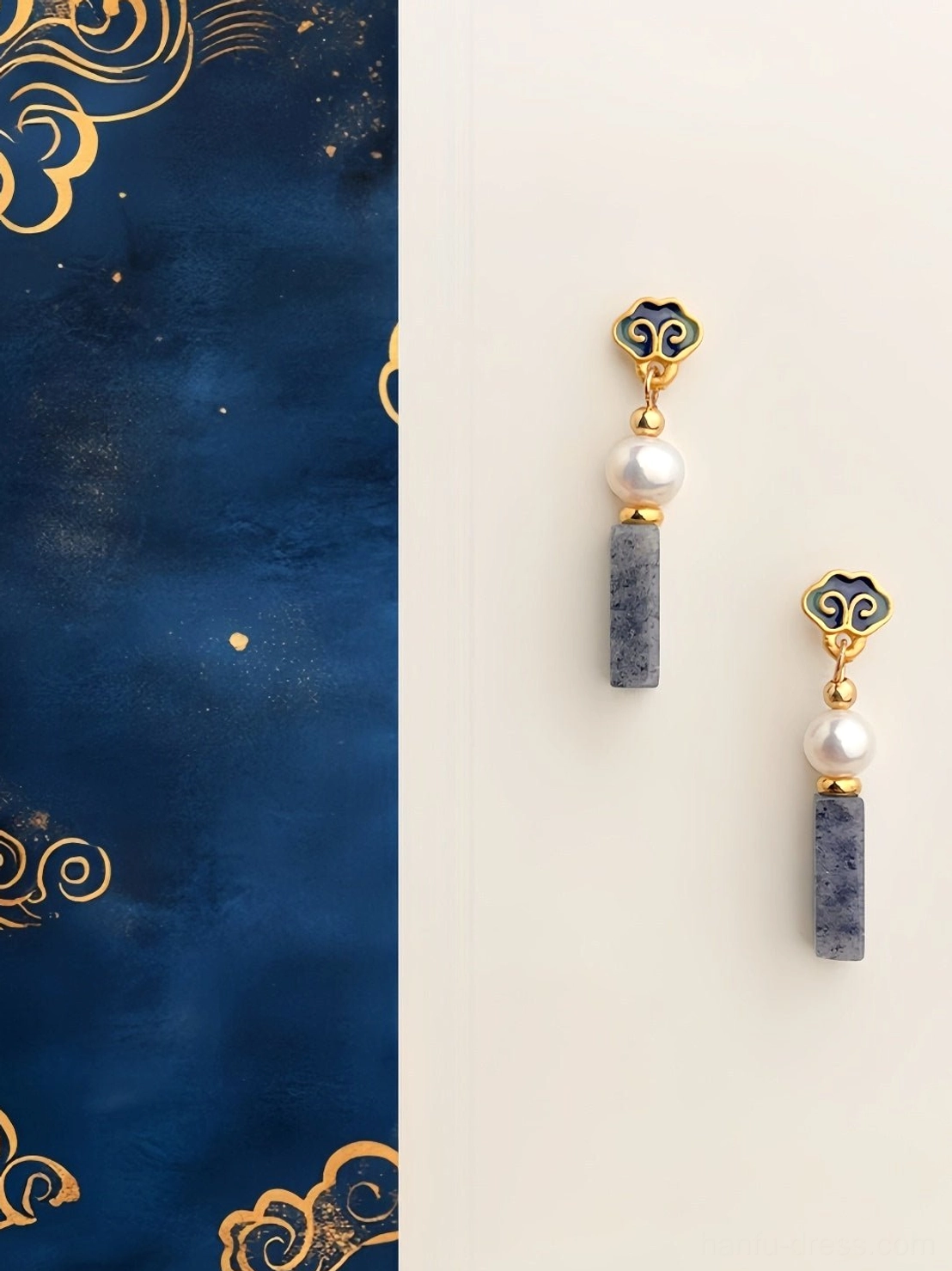 Dark navy Chinese auspicious cloud decorative background with glossy golden cloud motifs and scattered gold foil details