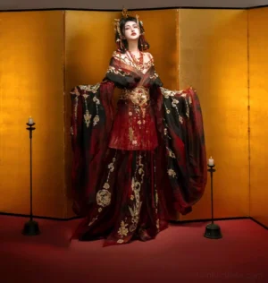 Autumn Dragon Wei Jin Dynasty embroidered Qiyao Ruqun Hanfu set front view with wine red black fabric gold dragon embroidery and wide flowing sleeves