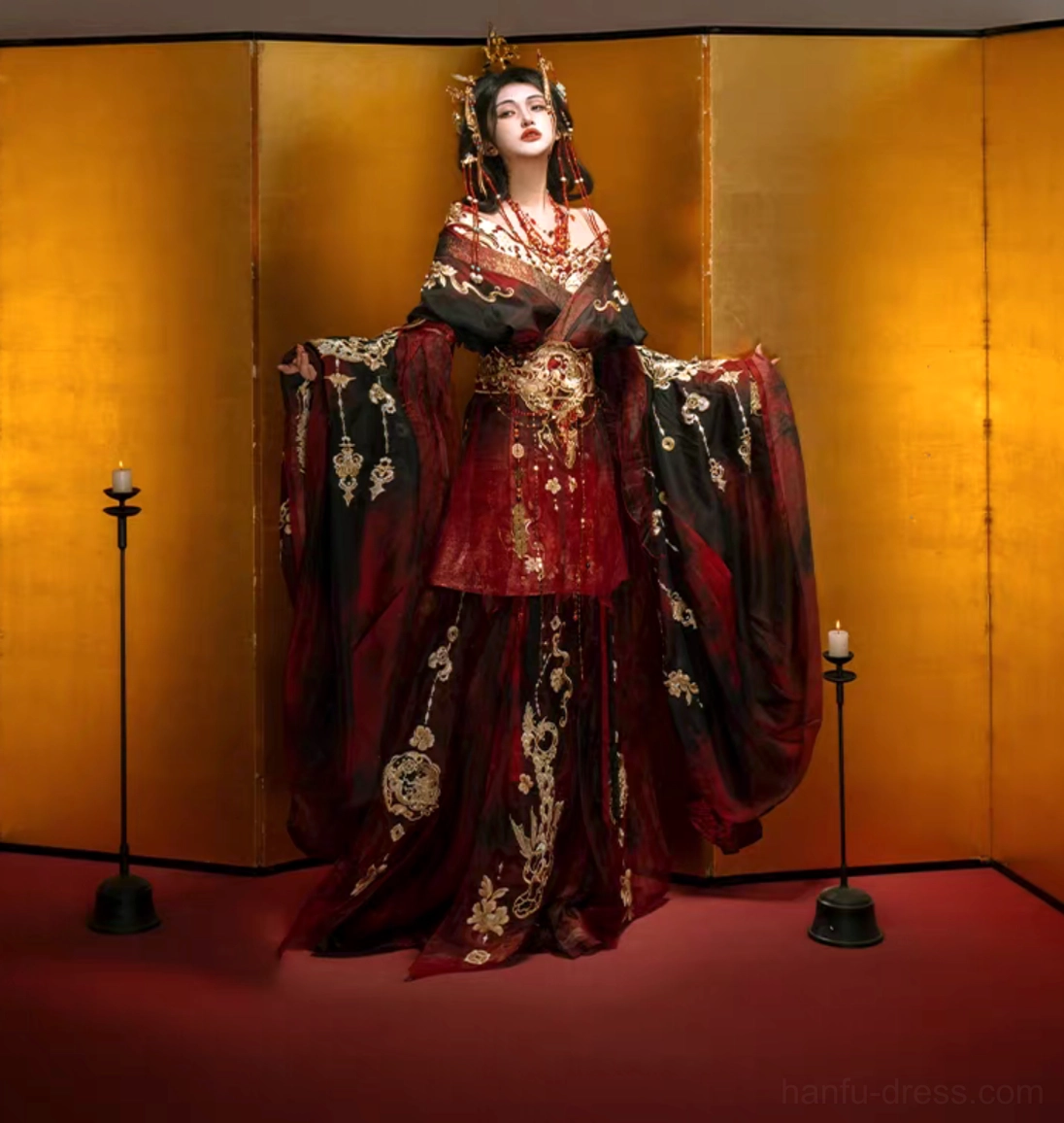Autumn Dragon Wei Jin Dynasty embroidered Qiyao Ruqun Hanfu set front view with wine red black fabric gold dragon embroidery and wide flowing sleeves