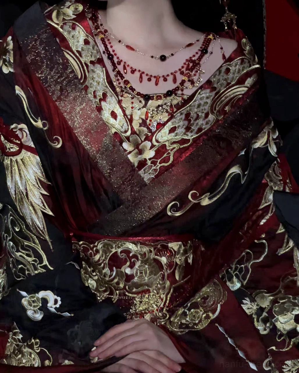 Autumn Dragon Wei Jin Dynasty embroidered Qiyao Ruqun Hanfu set in wine red black and gold fantasy court style