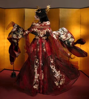 Back side view of Autumn Dragon Wei Jin Dynasty Hanfu with gold embroidery flowing skirt train sheer draped accents and dramatic sleeves