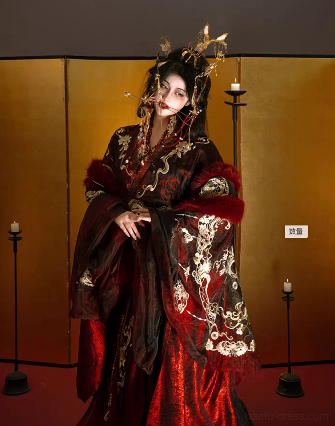 Autumn Dragon embroidered Wei Jin Dynasty Hanfu half body view featuring wine red faux fur sleeve trim cross collar and gold motifs