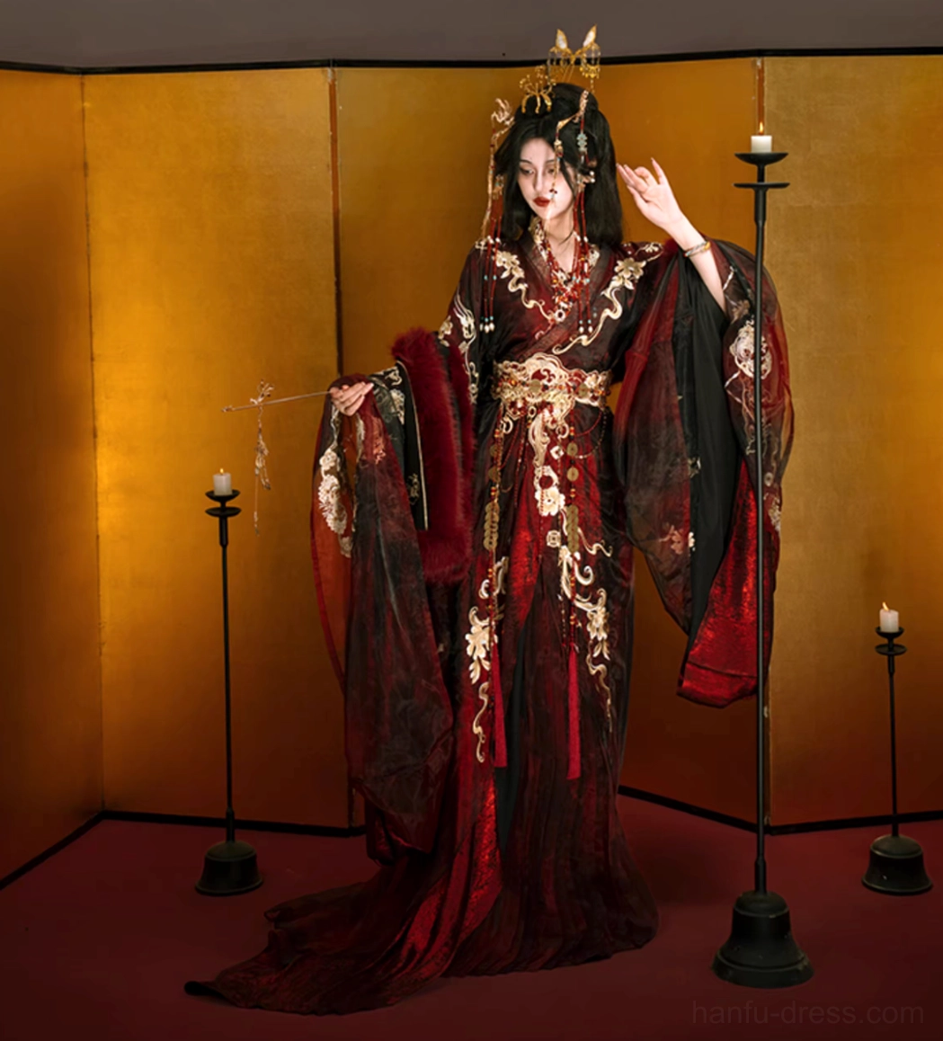 Full length side view of Autumn Dragon Wei Jin Dynasty Qiyao Ruqun Hanfu showing high waist silhouette gold ornament and long skirt train