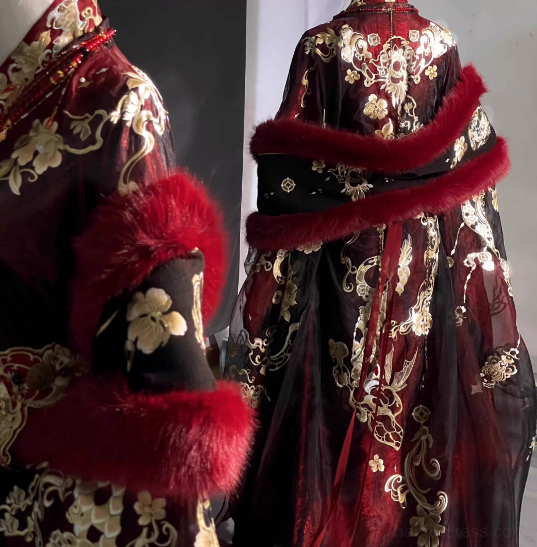 Autumn Dragon embroidered Wei Jin Dynasty Qiyao Ruqun Hanfu full set with gold dragon motifs wide sleeves and layered skirt