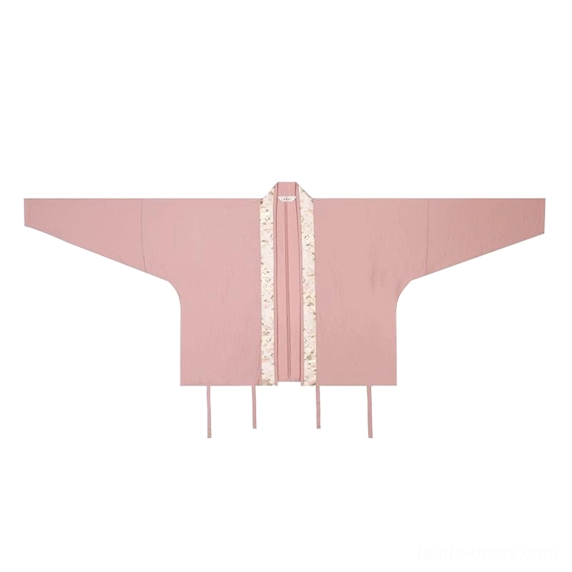 Dusty pink Song Dynasty inspired winged sleeve Hanfu outer top flat lay with floral trim and tie closures