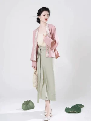 Autumn Lotus Song Dynasty Hanfu full set front view with dusty pink winged sleeve top and sage green wrap skirt