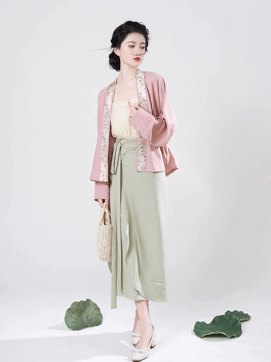 Autumn Lotus Song Dynasty Hanfu full set front view with dusty pink winged sleeve top and sage green wrap skirt