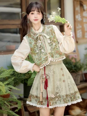 Front full-body view of a modern Ming-style Hanfu set with sage green embroidered vest, beige long-sleeve blouse, short pleated mamianqun horse-face skirt, floral details, and red tassel waist ornament