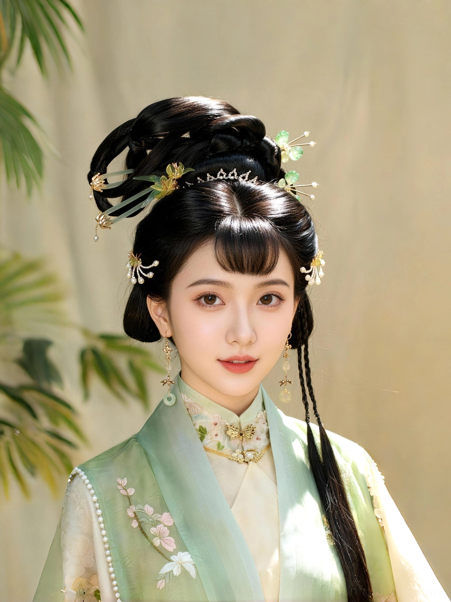 Model wearing aventurine green ring Chinese earrings with embroidered green Hanfu and traditional Chinese hairstyle in a bamboo studio setting