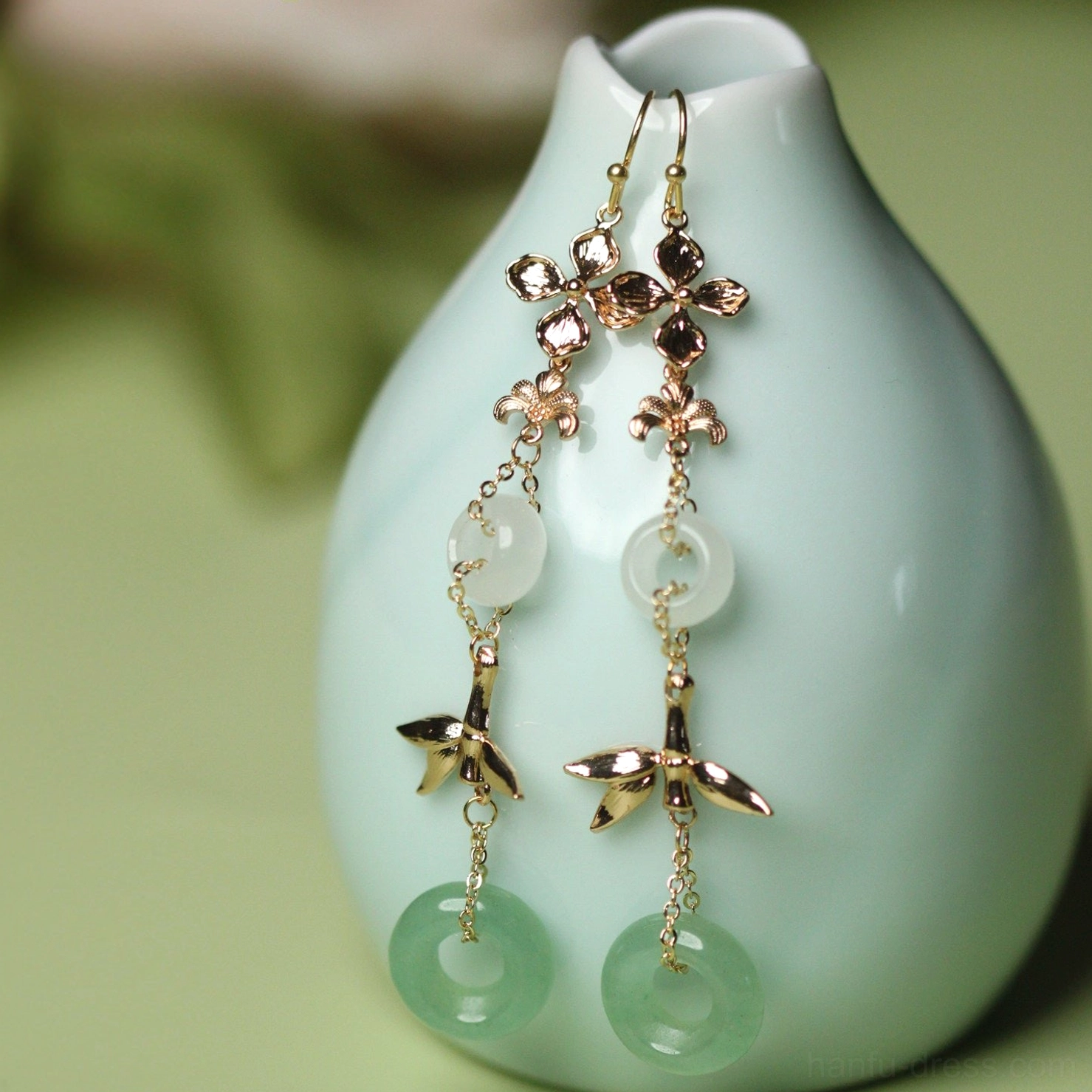Aventurine green ring Hanfu hook earrings with gold flower links bamboo charms and layered white and green jade-tone pendants