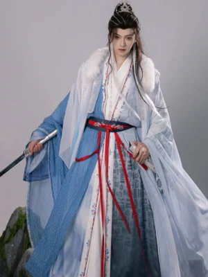 Azure Dragon men's Xianxia Hanfu cloak costume set front view with blue white gradient robes faux fur collar and sword pose