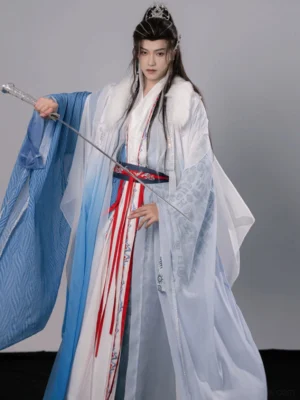 Close front view of Azure Dragon unisex Xianxia Hanfu costume with wide sleeves white fur collar red waist ties and sword