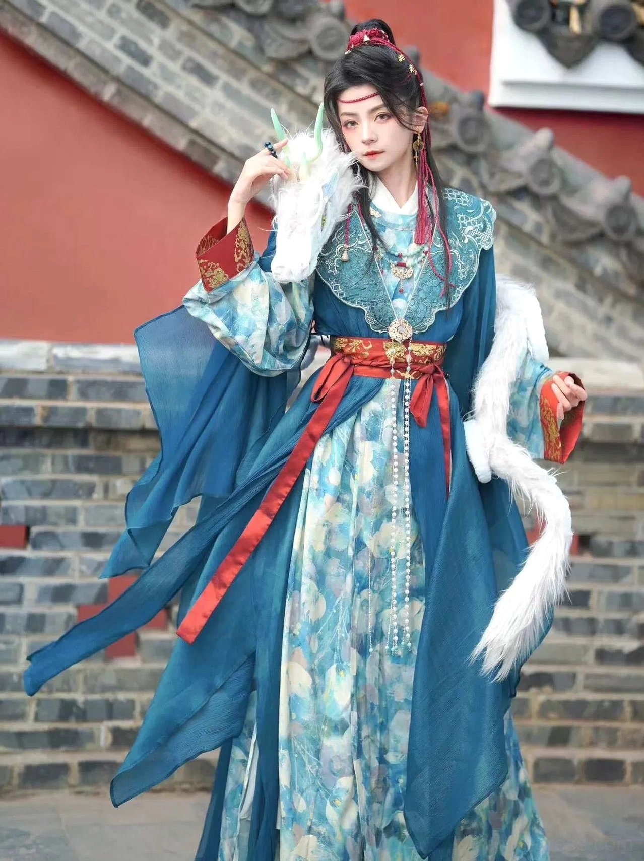 Azure Dragon Wei Jin xianxia Hanfu costume for men in lake blue, full front view with cloud collar and flowing layered robe