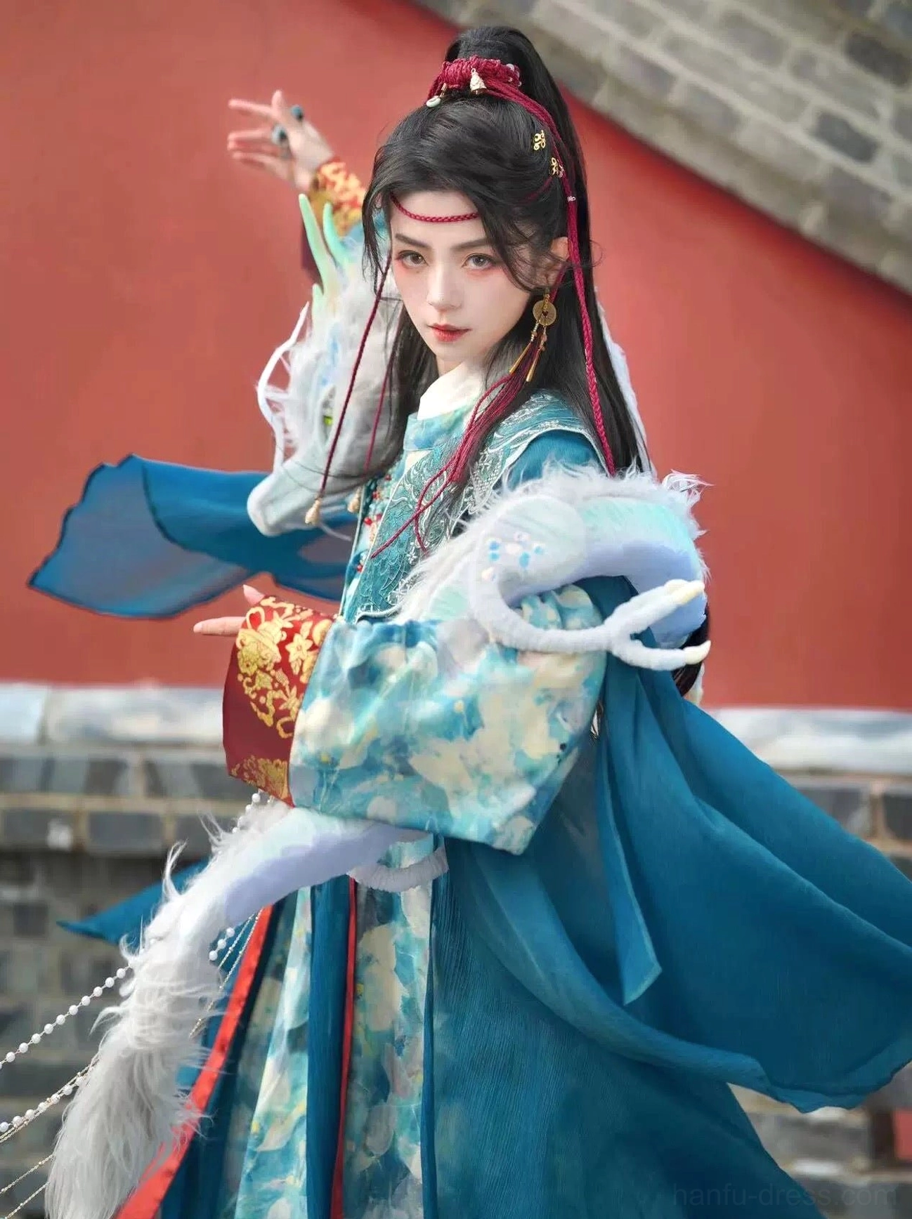 Azure Dragon xianxia Hanfu costume side view showing gold embroidered cuffs, blue printed robe layers, and flowing outer coat