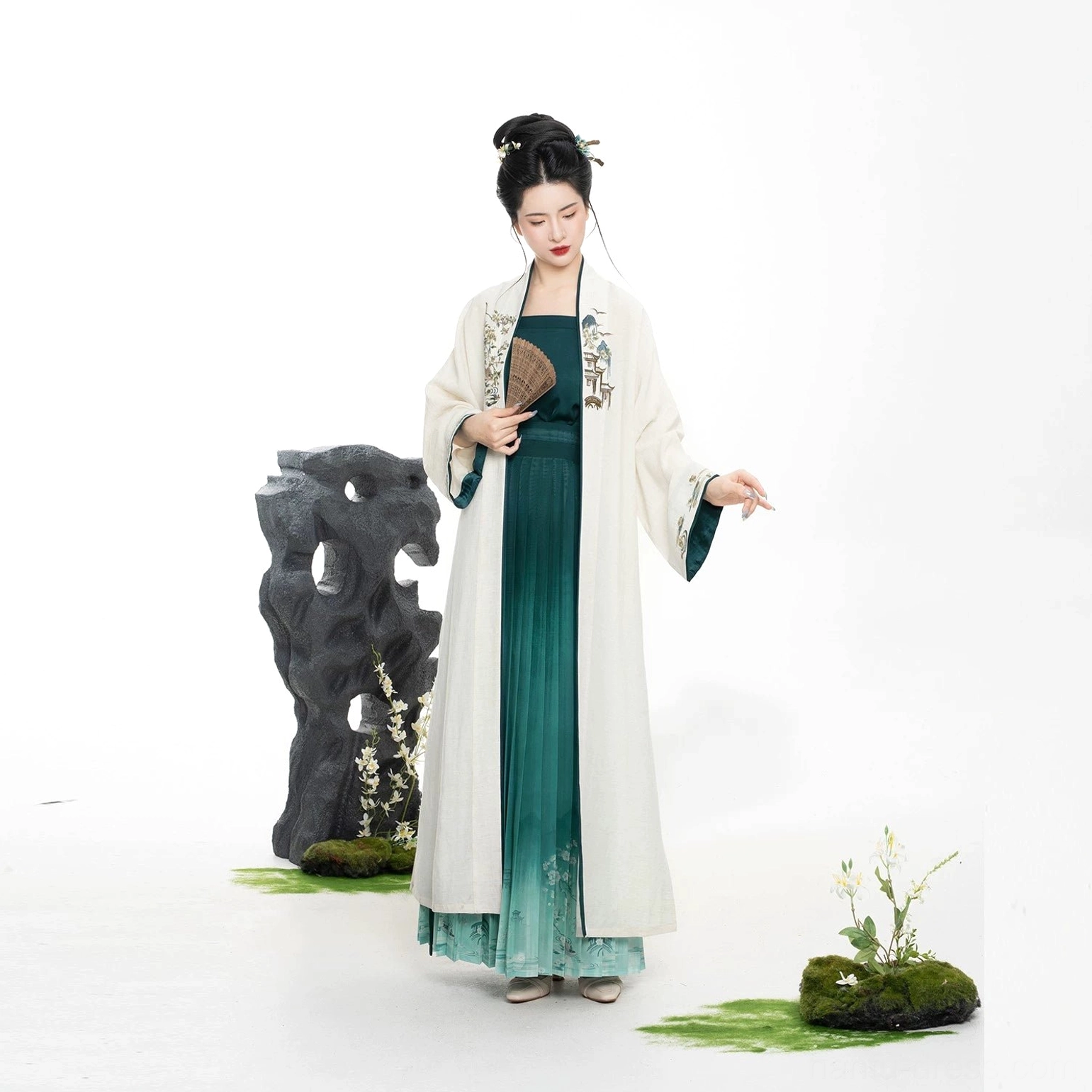 Complete Bamboo Boat Song Dynasty Hanfu set with embroidered ivory cardigan, green camisole and ombre pleated skirt