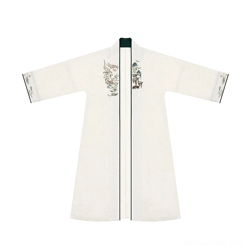 Ivory long sleeve Song Dynasty Hanfu cardigan flat lay with dark green piping and floral chest embroidery
