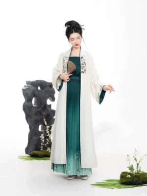 Bamboo Boat Song Dynasty Hanfu full set front view with ivory embroidered cardigan, emerald camisole and teal ombre pleated skirt