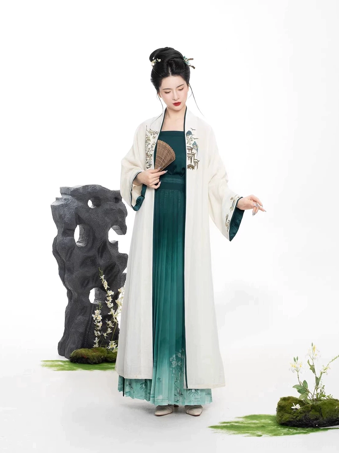 Bamboo Boat Song Dynasty Hanfu full set front view with ivory embroidered cardigan, emerald camisole and teal ombre pleated skirt